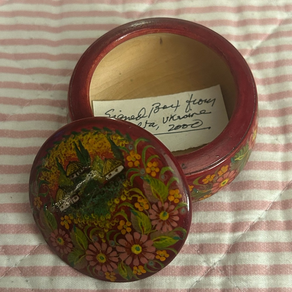 Hand-Painted Red Floral Wooden Trinket Box
